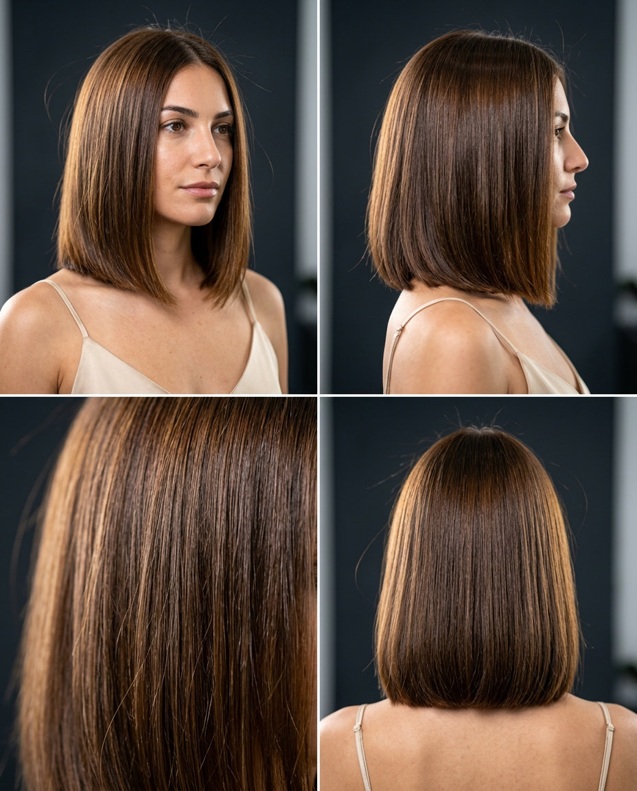 medium blunt bob haircut in syrup brunette with golden undertones, high gloss, no bangs — bold and sophisticated