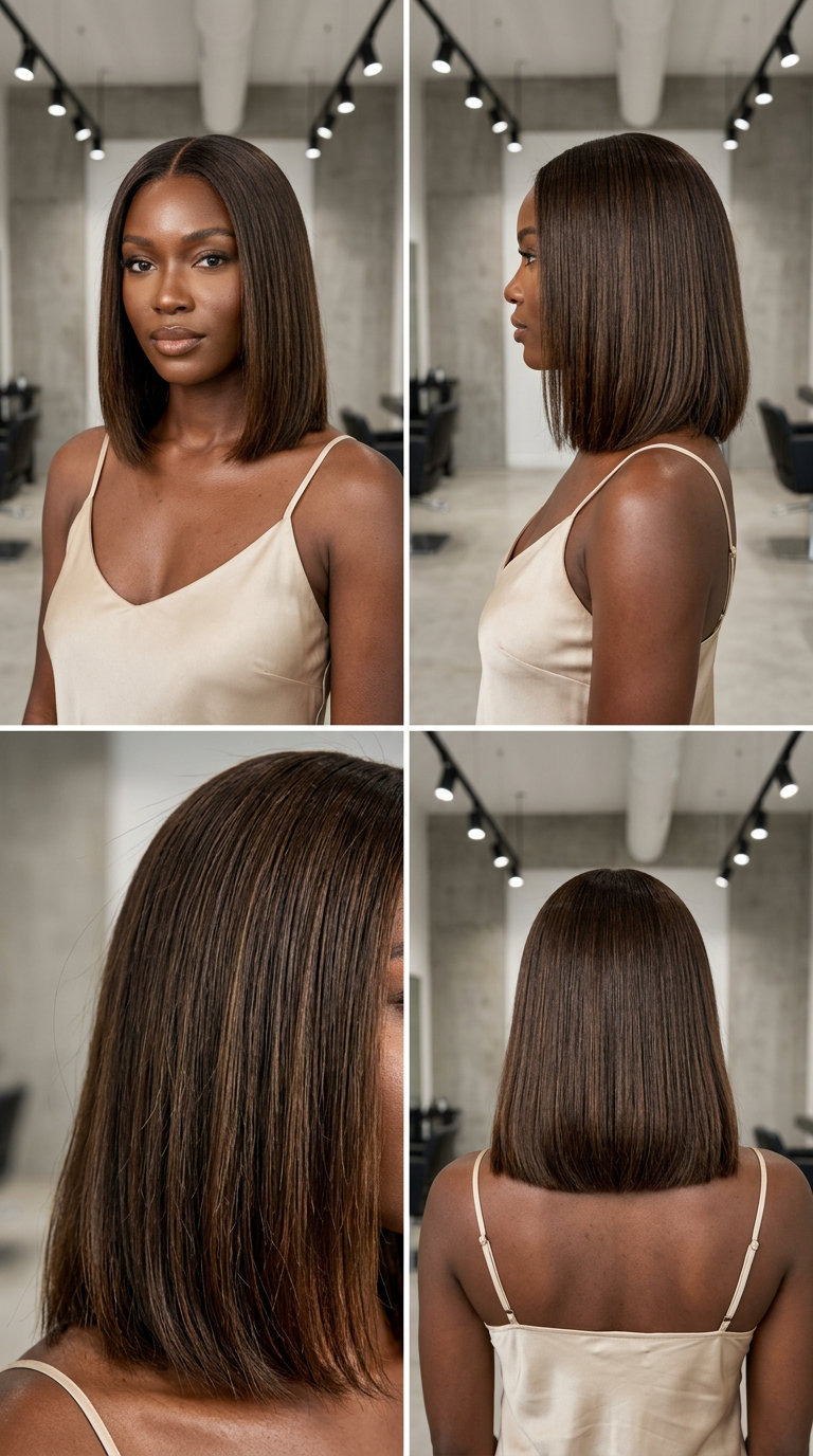 medium blunt midi haircut with deep syrup brunette & clear gloss, ghost layers for movement — minimalist, sleek