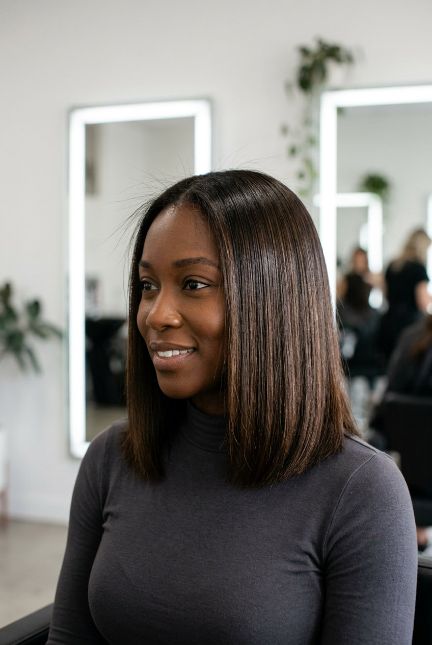 medium blunt midi haircut with deep espresso syrup brunette, invisible internal layers — sophisticated, luxurious