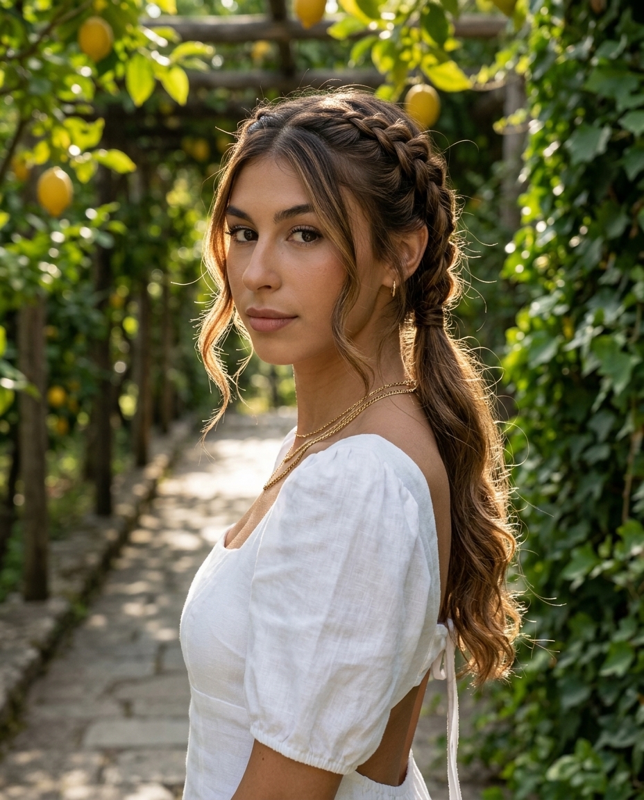 mid-back layered haircut with syrup brunette golden undertones and face-framing braids for romantic bohemian