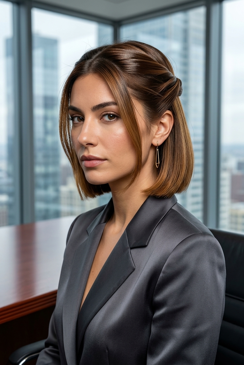 short blunt natural syrup brunette half up half down with golden-amber undertones, precision cut, no bangs — polished sophisticated clean