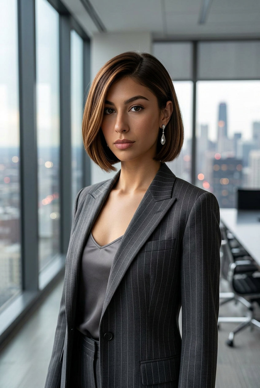 short syrup brunette bob with caramel ribbons, blunt jawline perimeter for sophisticated corporate wear