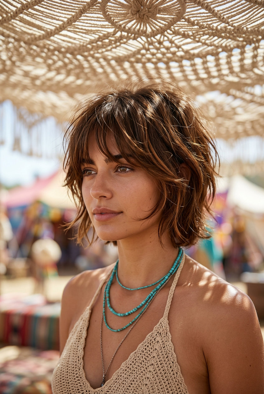 short shag-lite haircut in syrup brunette with caramel ribbons, curtain fringe for festival