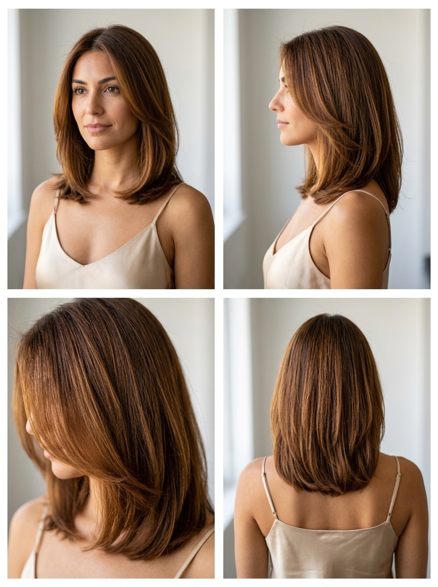 shoulder-length layered haircut in syrup brunette with golden amber undertones for summer