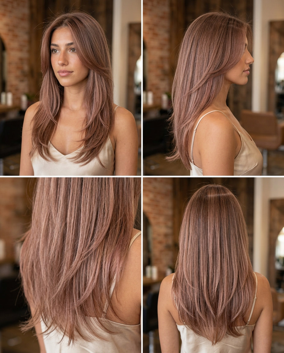 long layered haircut with tea-stained rose color, face-framing layers, and wispy ends for a romantic look