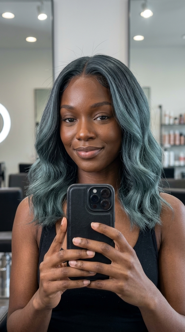 long layered hair with muted teal ombré and charcoal base, balayage technique — creative edgy look