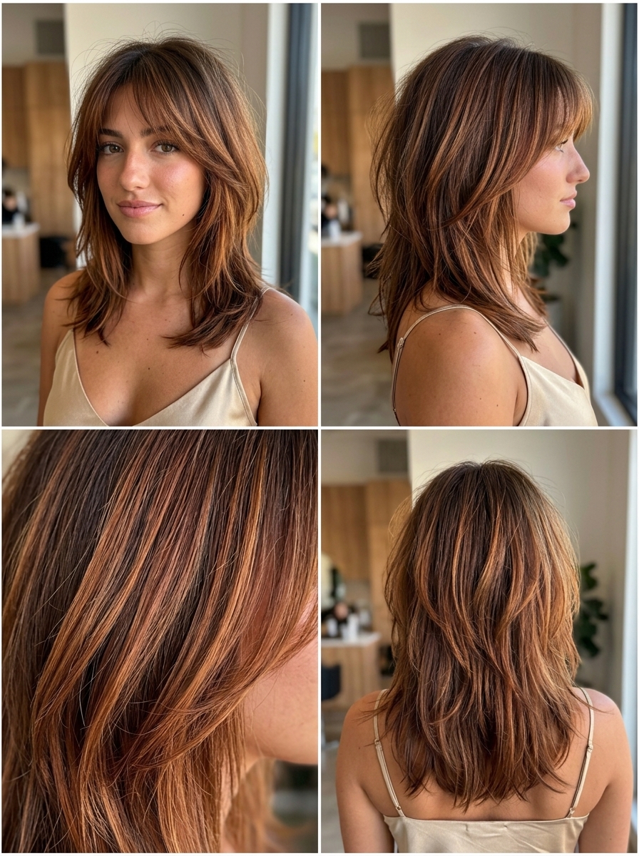 mid-length terracotta and amber infused shag with choppy face-framing layers for bohemian vibe