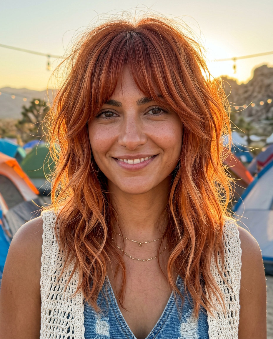 long shag haircut in terracotta copper with golden peach highlights and wispy fringe for summer
