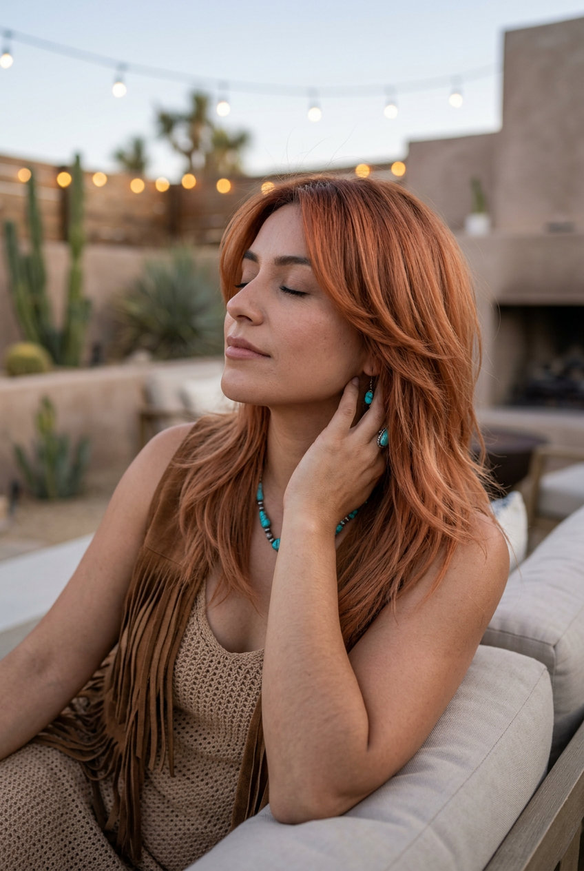 medium layered haircut in soft terracotta copper with auburn roots and gold tips, disconnected textured layers
