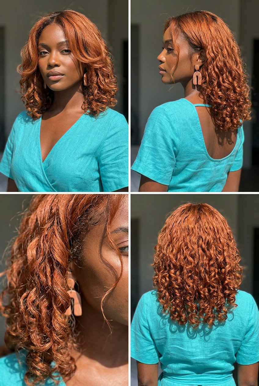 shoulder-grazing layered lob haircut for curls in terracotta copper, enhanced definition for summer