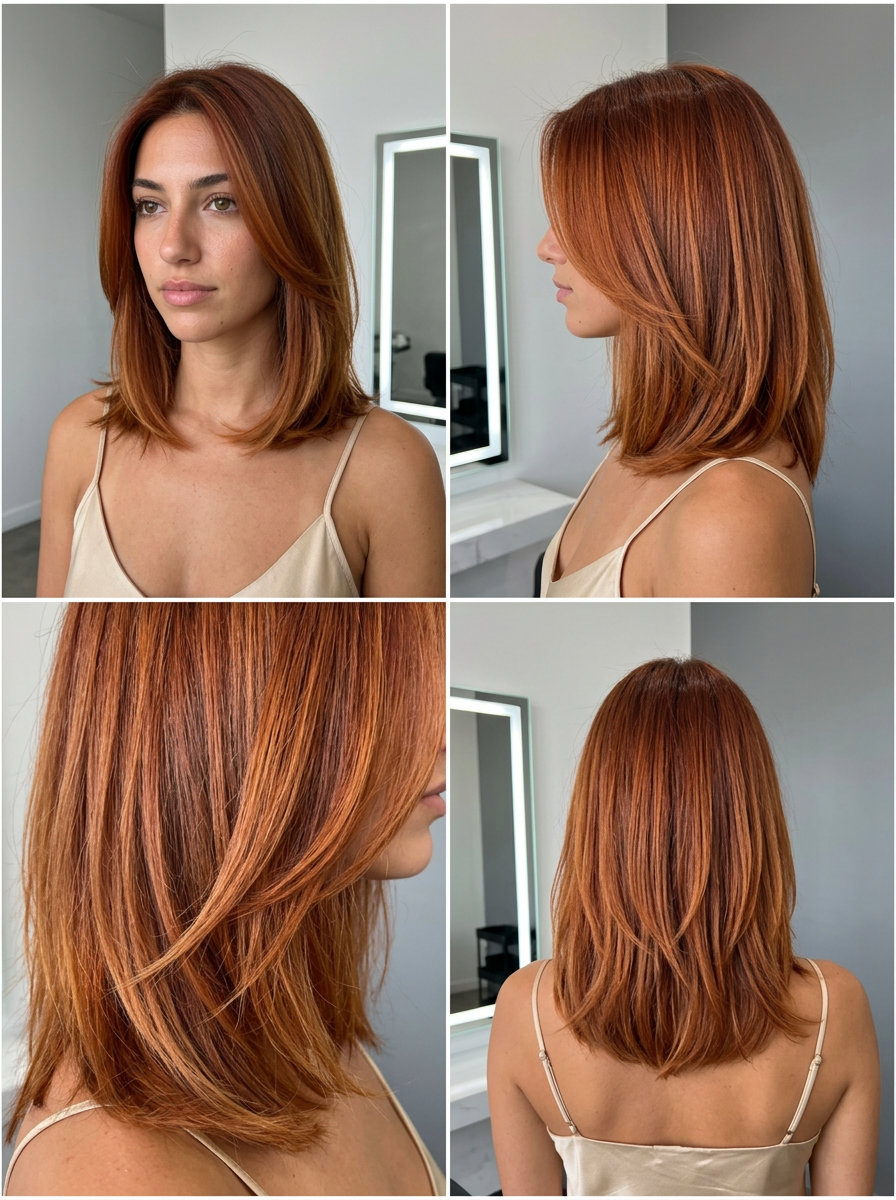 shoulder-length layered lob in vibrant terracotta copper with auburn roots and golden tips, textured layers