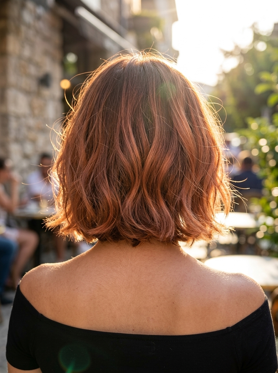 short french bob haircut in muted terracotta copper with soft gold gloss, point-cut layers, side-swept fringe — romantic date night