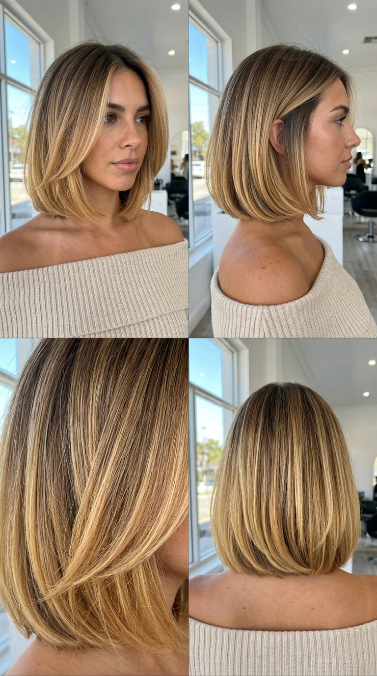 chin-length bob with toasted honeycomb blonde root and bright ends for summer