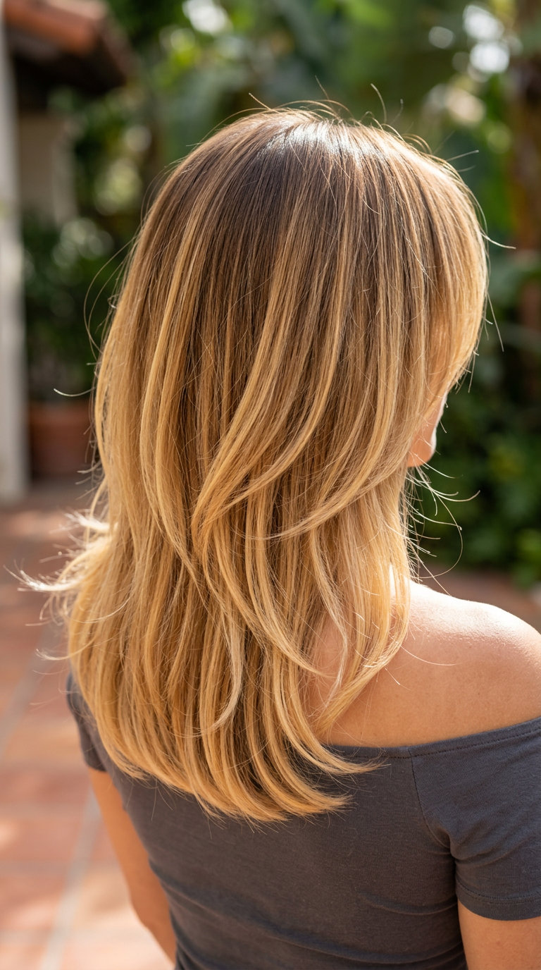 medium shag honey blonde hair color with dark root melt, tip-outs, choppy fringe — edgy boho music festival