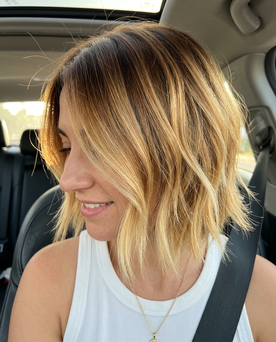 short choppy toasted honeycomb bob with root smudge, no fringe — edgy modern