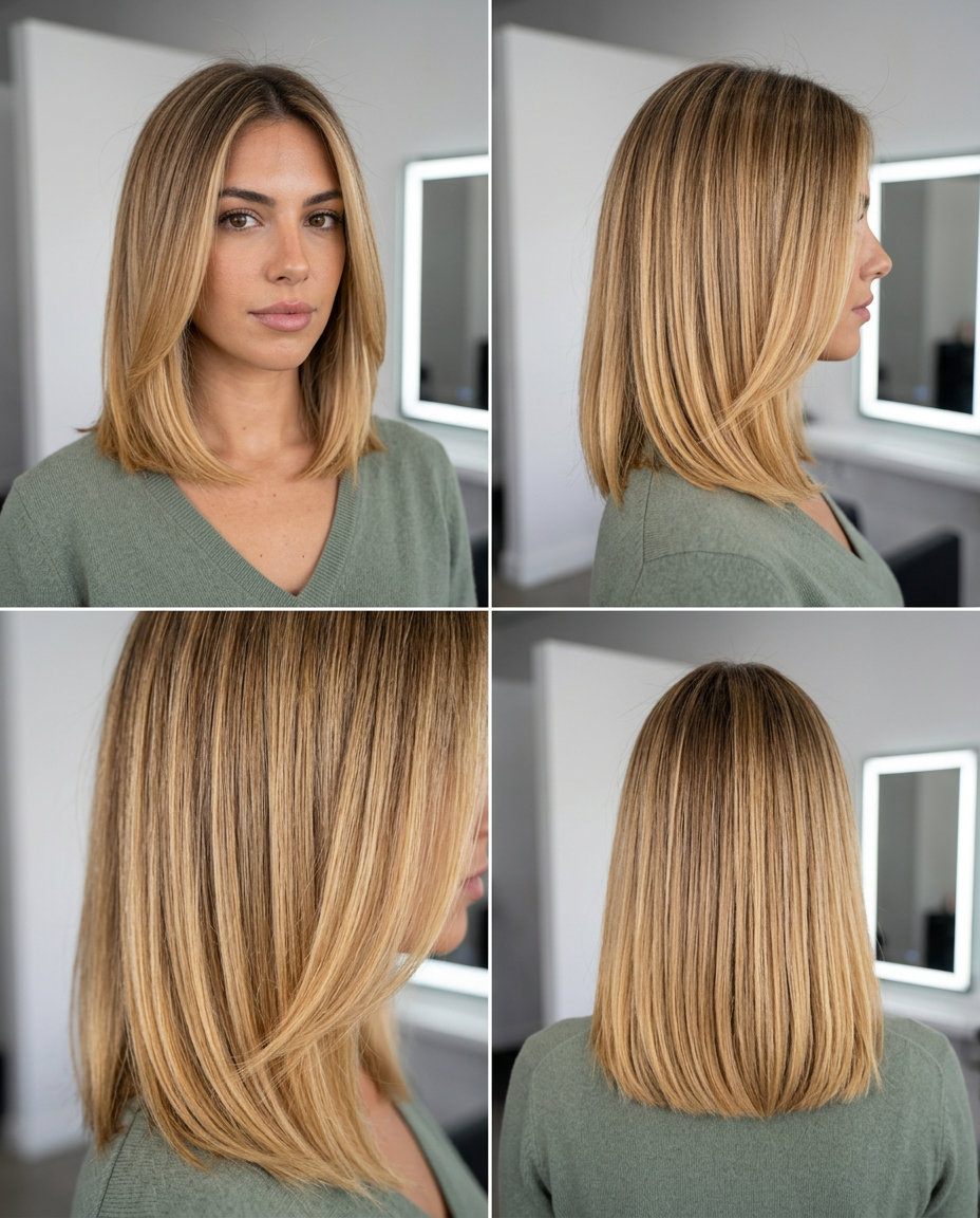 shoulder-length lob with toasted honeycomb blonde root smudge and bright ends for summer