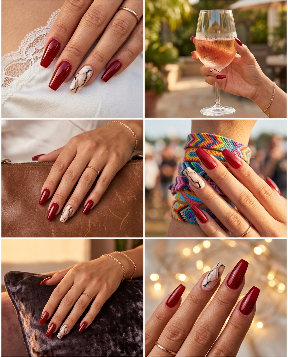 Cherry Red Marble Nails 2026: Evening Glam Cherry red marble nails for trending summer nails 2026. Glamorous square shape with artistic veins.