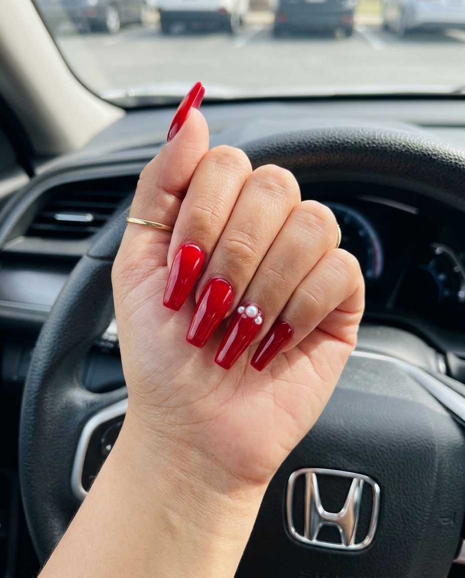 Cherry Red Pearl Glam Nails 2026 | Chic Party Style Cherry red pearl glam nails for summer party, dinner date. Trending summer nails 2026.