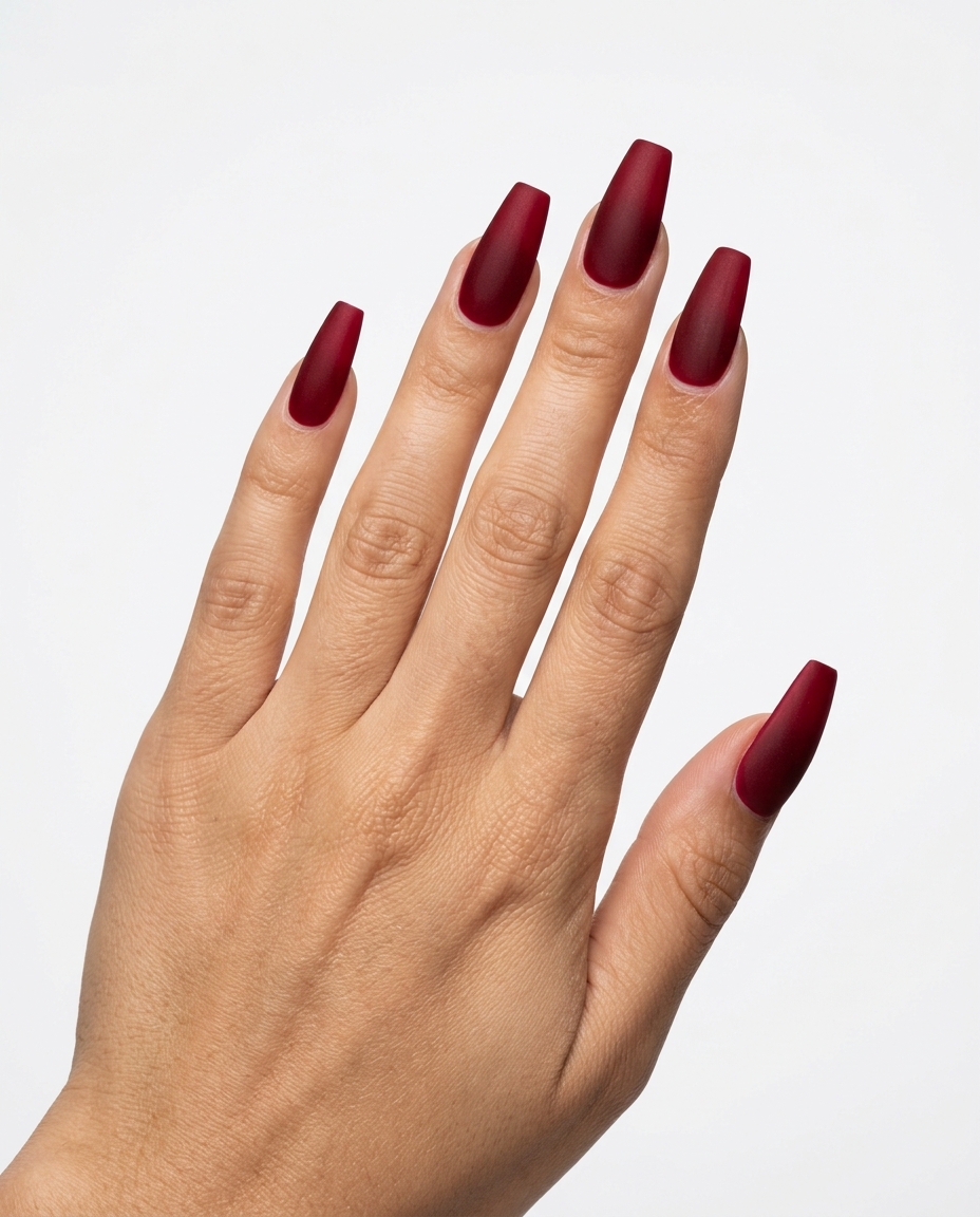 Cherry Red Velvet Nails 2026: Sultry Evening Glamour Trending summer nails 2026: Cherry red velvet texture nails for sultry evening events and date nights.
