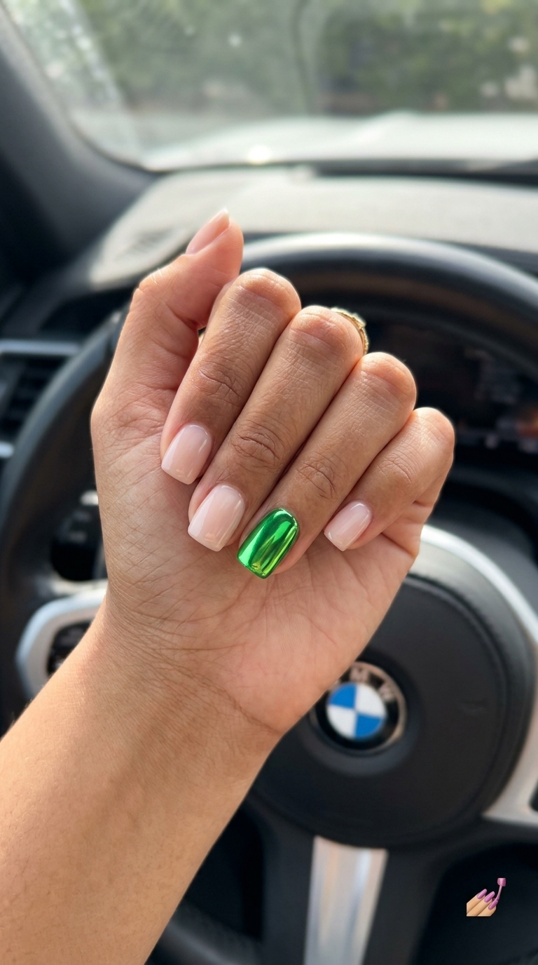 Lime Green Chrome Nails 2026: Festival Ready Electric lime green chrome nails for trending summer nails 2026. Bold coffin shape for festivals and parties.