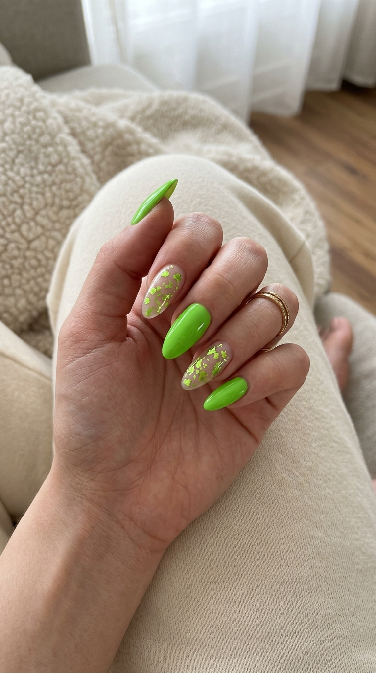 Lime Green Foil Flake Nails 2026: Edgy Festival Style Trending summer nails 2026: Lime green foil flake accent nails for festivals and edgy party looks.