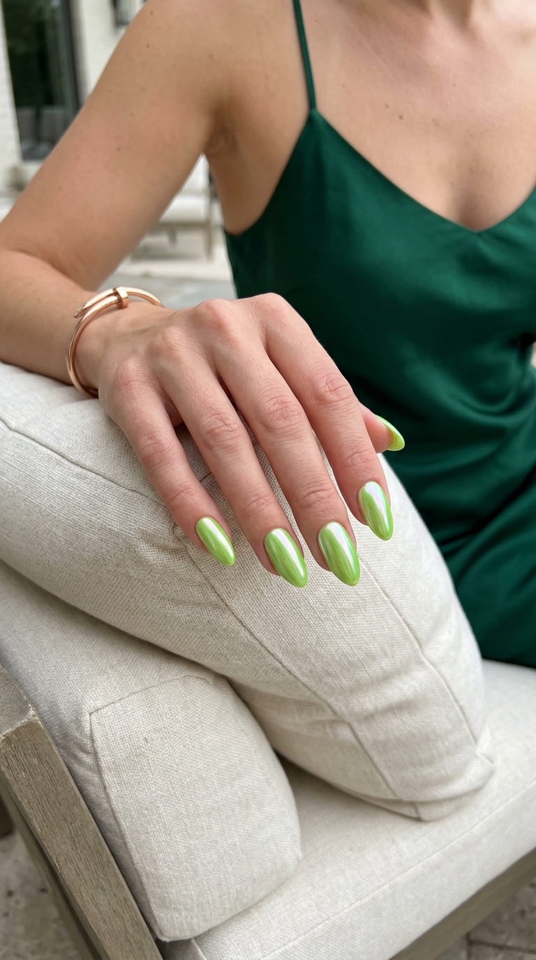 Vibrant lime green glazed donut almond nails for vacation, festival, summer party. Trending summer nails 2026.
