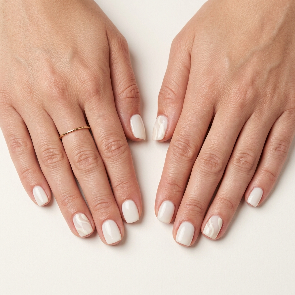 Milky White Swirl Nails 2026 | Minimalist Daily Style Milky white abstract swirls squoval nails for daily wear, work. Trending summer nails 2026.