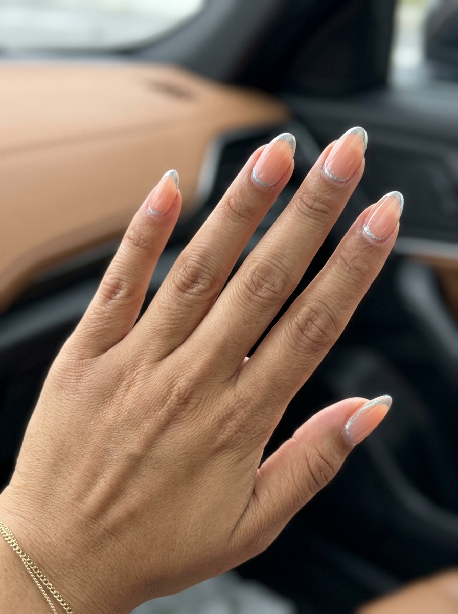Peach Fuzz Holographic Nails 2026 | Whimsical Glam Style Peach fuzz holographic whisper almond nails for date night, summer soiree. Trending summer nails 2026.