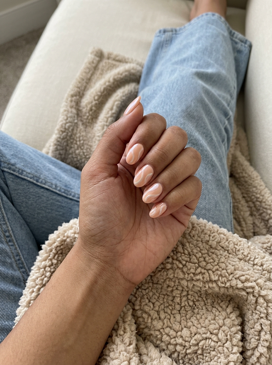 Peach Fuzz Swirl Nails 2026 | Romantic Date Night Style Peach fuzz pearlescent swirls almond nails for wedding guest, date night. Trending summer nails 2026.