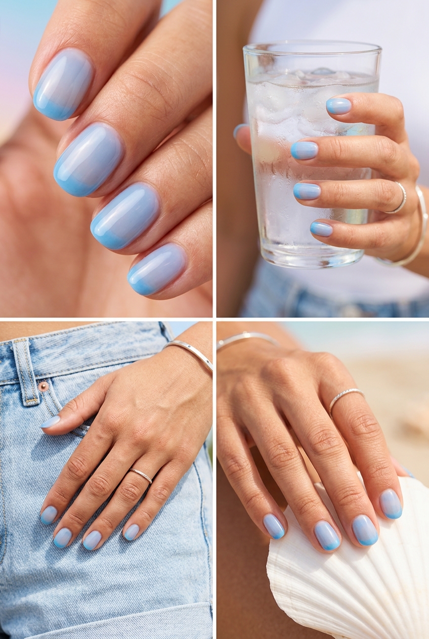 Sky Blue French Tip Nails 2026: Fresh & Minimal Sky blue gradient French tip nails for trending summer nails 2026. Minimalist and refreshing for daily wear.