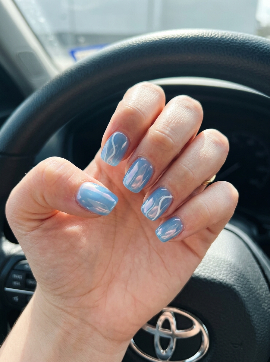 Work Nails 2026: Aqua Glazed Tide Work-appropriate tropical nail designs 2026: Aqua Glazed Tide with sheer turquoise and iridescent waves.