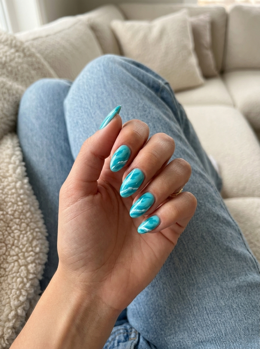 Aqua Wave Art Nails 2026 Vivid turquoise wave art on oval nails for tropical nail designs 2026, serene and whimsical.