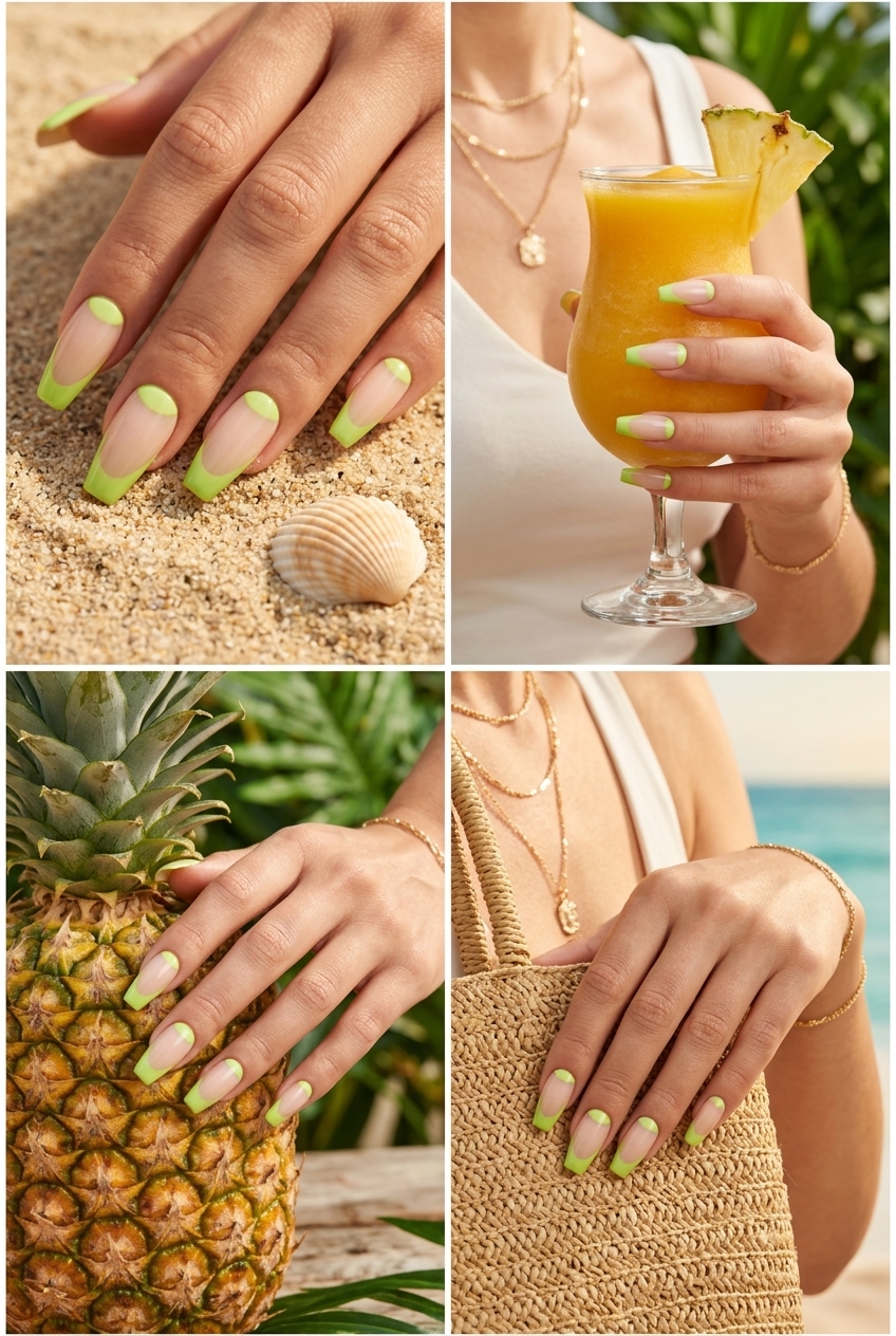 Work Nails 2026: Citrus Moon Accent Creative work nails 2026: Citrus Moon Accent with lime green half-moons and milky nude.