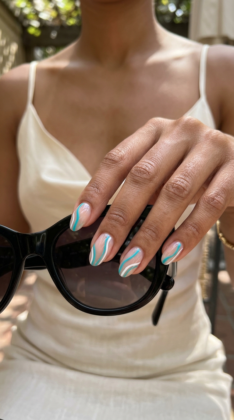 Chic Nails 2026: Coastal Calligraphy Lines Minimalist tropical nail designs 2026: Coastal Calligraphy Lines in turquoise and white on sheer base.