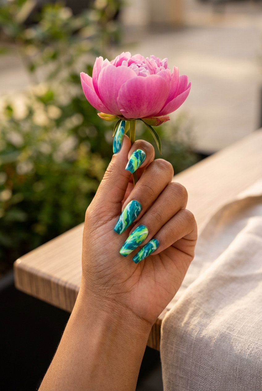 Formal Nails 2026: Emerald Lagoon Marble Glamorous tropical nail designs 2026: Emerald Lagoon Marble for special occasions.