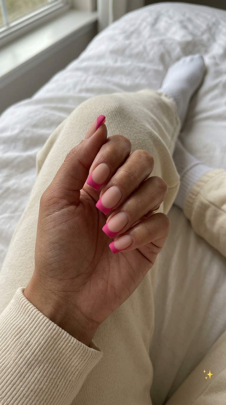 Fuchsia Matte French Tip Nails 2026 Fuchsia matte French tip nails on coffin shape for tropical nail designs 2026, edgy and sophisticated.