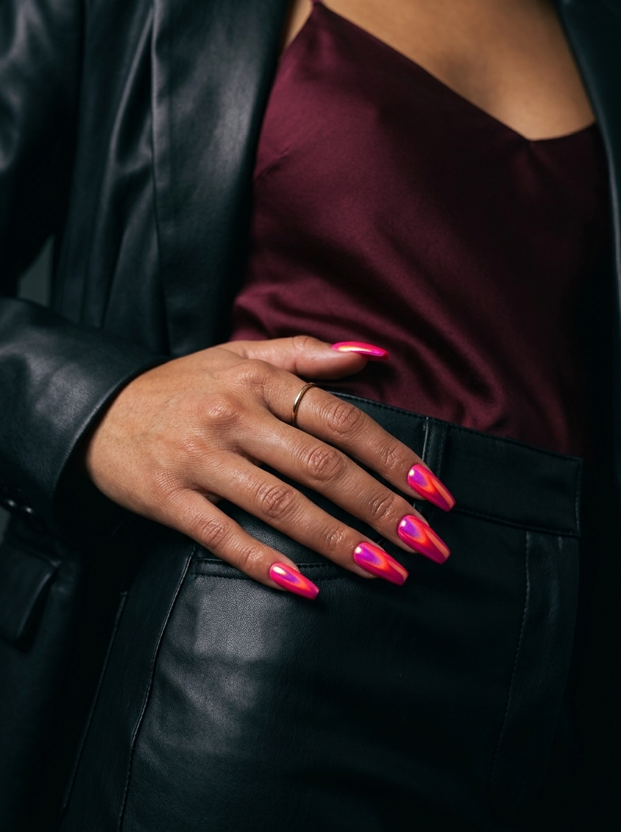 Tropical nail designs 2026: Hot pink coffin nails with shifting sunset chrome for parties and festivals.