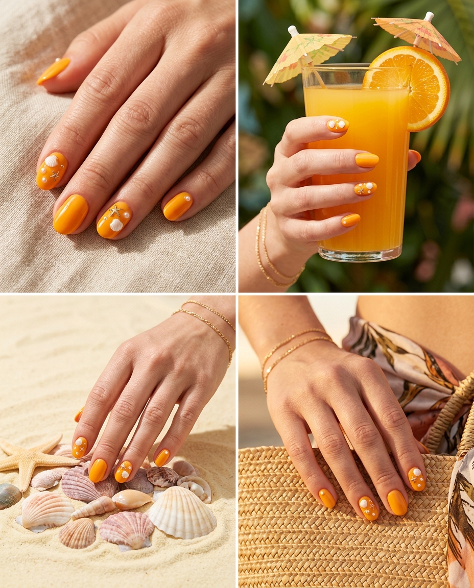 Tropical Nail Designs 2026: Island Charm Tropical nail designs 2026: Mango orange gel nails with 3D seashell, starfish, and pearl charms for vacation.