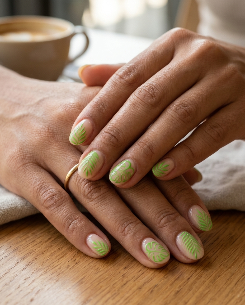 Lime Green Foliage Outline Nails 2026 Lime green outline foliage on oval nails for tropical nail designs 2026, fresh and minimalist.