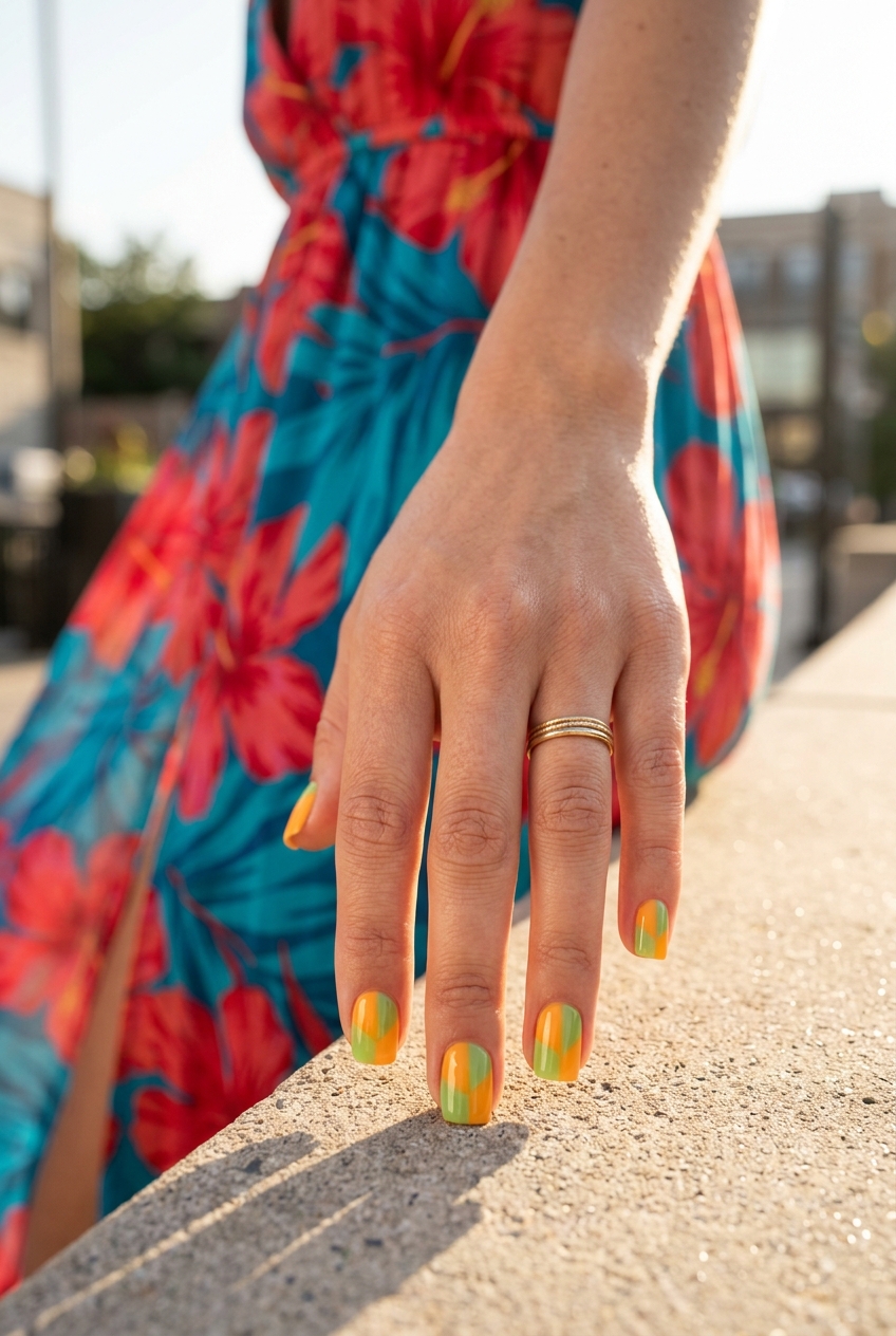 Tropical Fruit Color Block Nails 2026 Color block nails in mango orange and lime green for tropical nail designs 2026, ideal for summer fun.