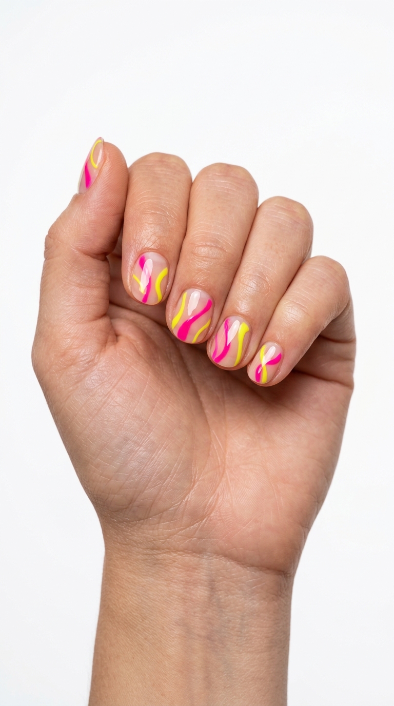 Festival Nails 2026: Neon Fiesta Lines Festival nails 2026: Neon Fiesta Lines with hot pink and electric yellow abstract lines on short nails.