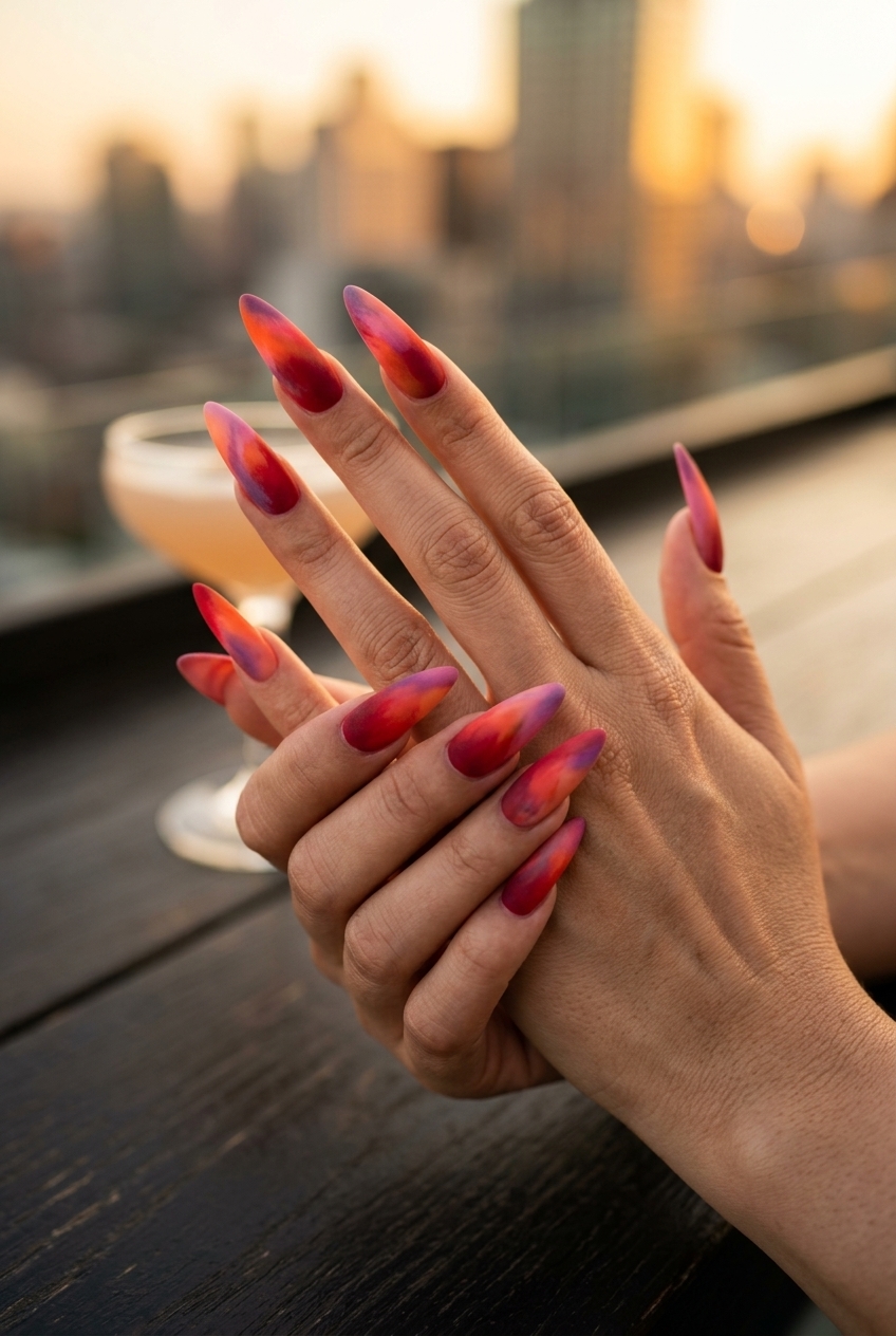 Abstract Sunset Matte Stiletto Nails 2026 Abstract sunset hues matte stiletto nails for tropical nail designs 2026, perfect for edgy nights out.