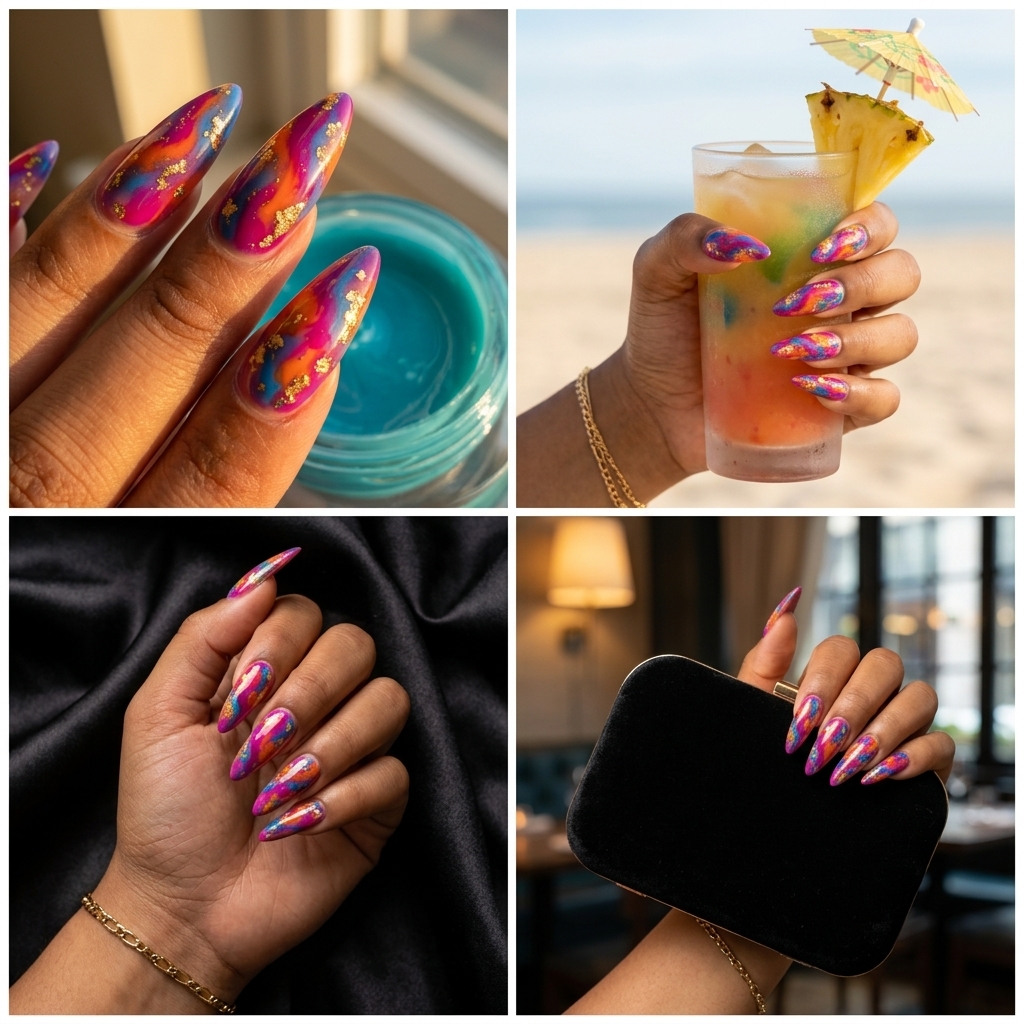 Party Nails 2026: Twilight Horizon Abstract Glamorous tropical nail designs 2026: Twilight Horizon Abstract with sunset hues and gold foil.
