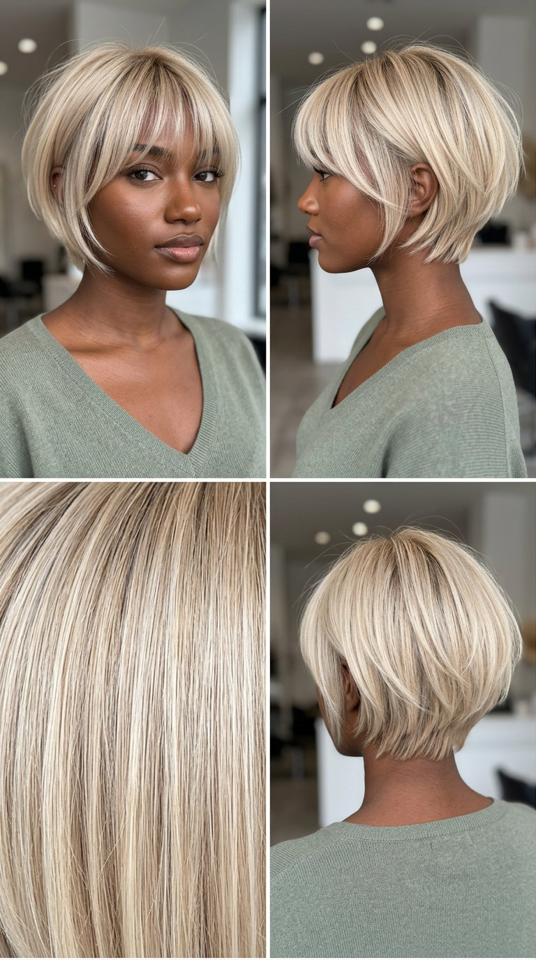 short layered bixie haircut with vanilla blonde pearl undertones, wispy fringe — soft ethereal