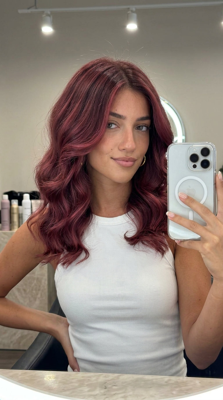 long layered burgundy haircut with velvet rose color and root smudge for romantic events