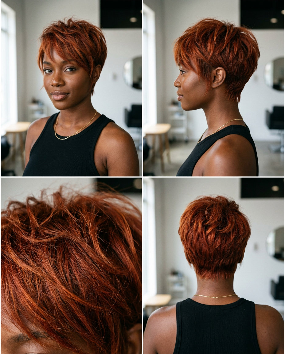 short auburn crop with bright copper accents & razored textured layers