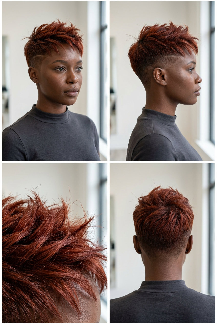short vibrant blood orange auburn clipper fade with textured top