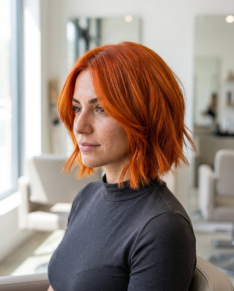 chin-length italian bob haircut in vibrant orange-red copper with textured ends for summer 2026