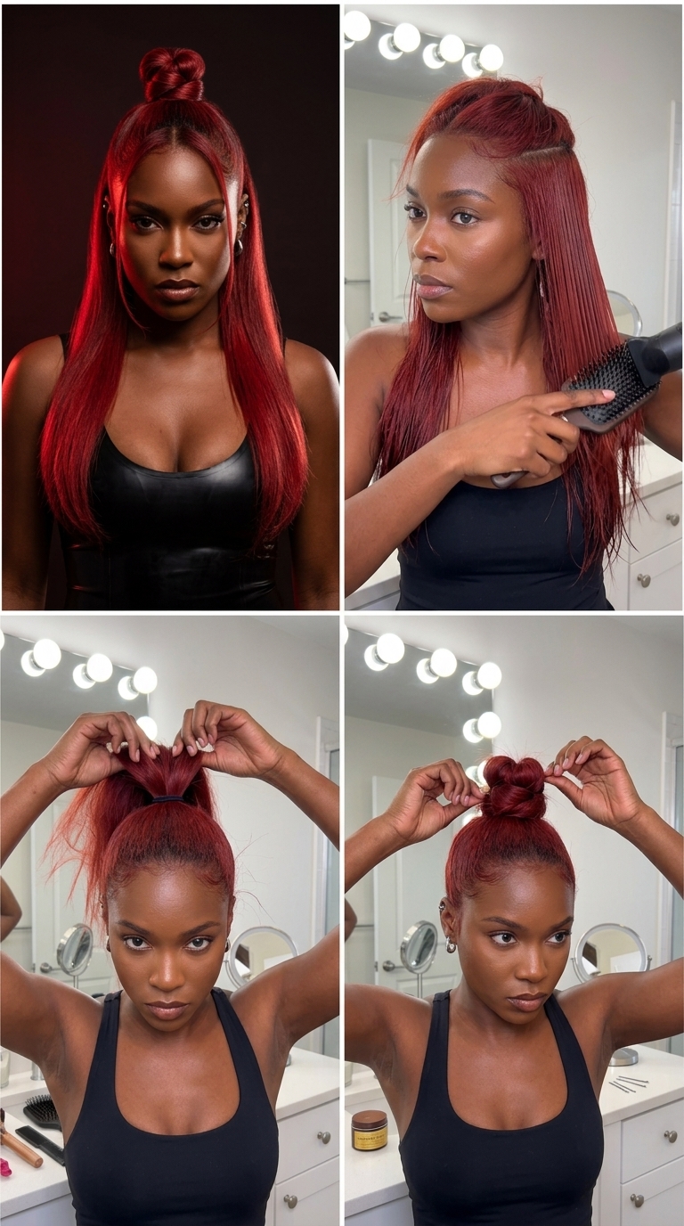 mid-back blunt cut with vibrant true red color and sleek knot for bold statement