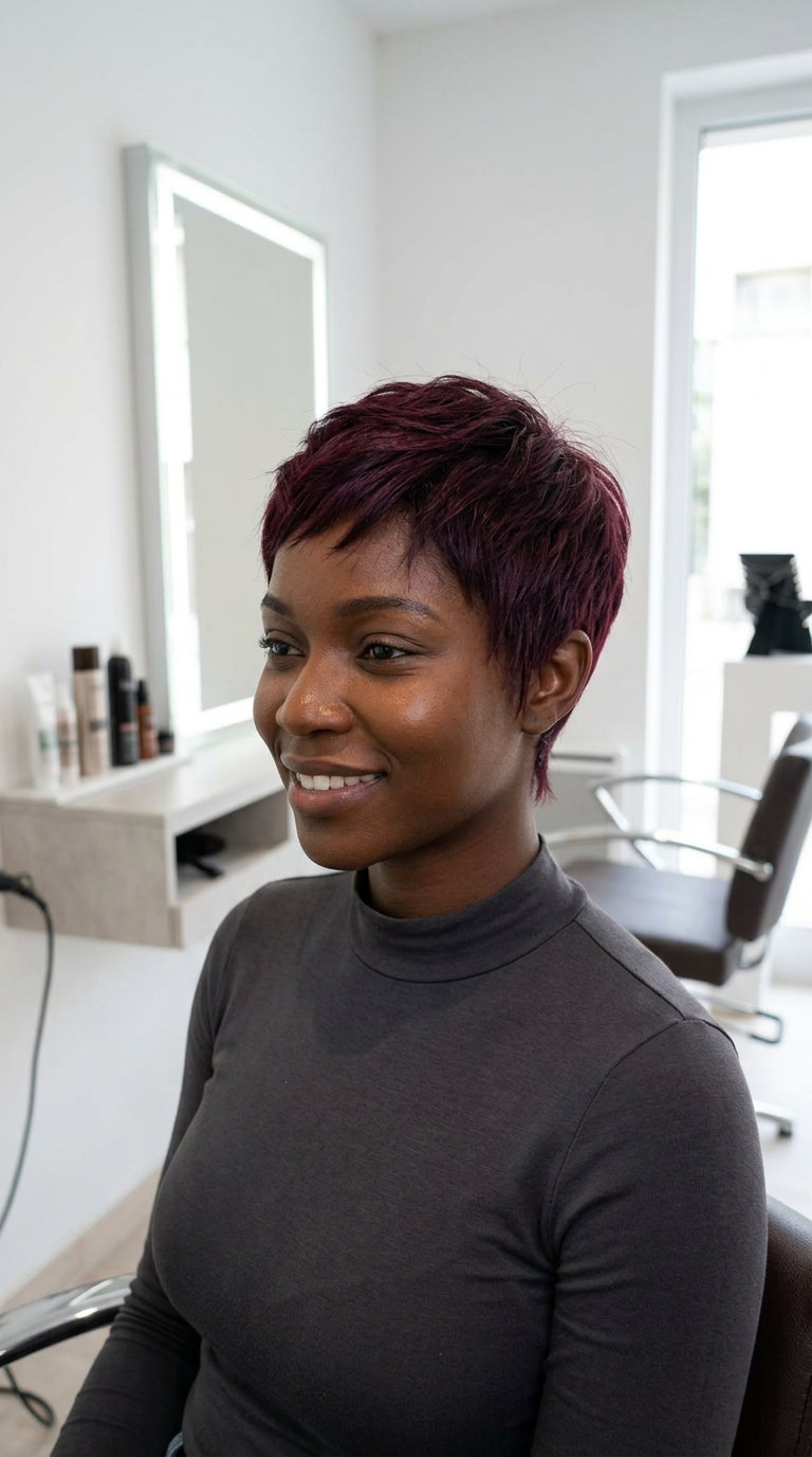 very short violet-burgundy pixie haircut with cool crimson gloss and textured layers, no fringe — edgy summer style